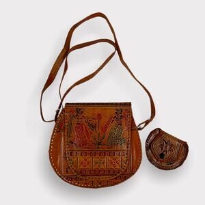 Genuine Leather Hand Painted Crossbody Bag with Coin Pouch